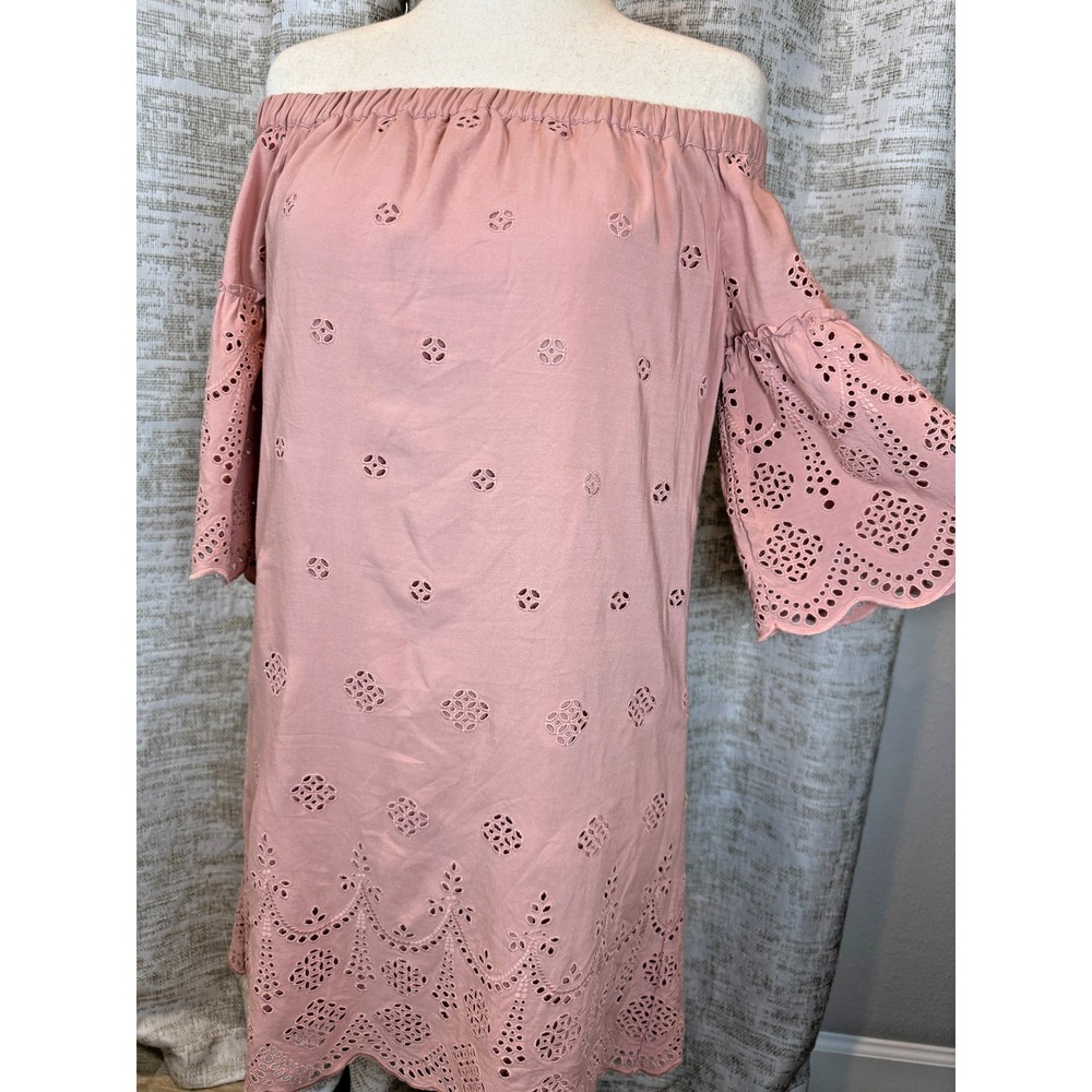 Madewell Off Shoulder Eyelet Dress 10 Dusty Rose Embroidered Bell Sleeve Lined - Picture 2 of 11
